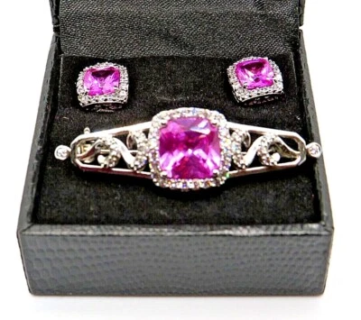 Pink Glass Halo Earrings Brooch Set Cushion Cut Platinum Plated Gold Coast - Image 1 of 4