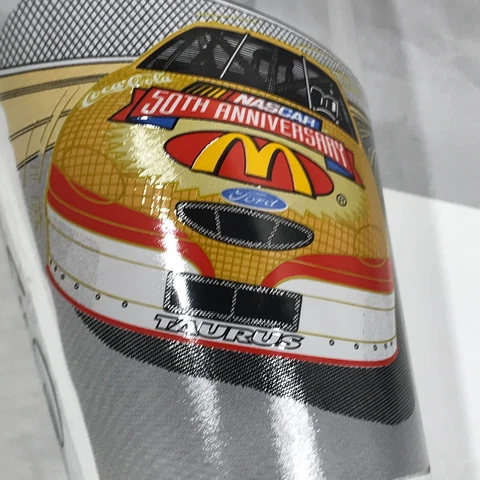 McDonalds Bill Elliott NASCAR 50th Anniversary Drink Beer Glass Yellow Taurus Cover