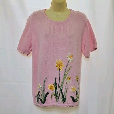 Свитер Salon Studio By Haband Wmn's розовый с коротким рукавом цветочная вышивка размер L - Изображение 1 из 4