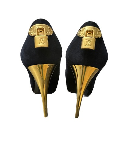 LOUIS VUITTON（LV） Autentiche décolleté Louis Vuitton blu navy oro scamosciate Oh davvero peep toe platform US7 EU37