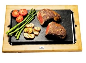 Bamboo Large Sharing Steak Stones Platter Black Lava Rock Sizzling Hot Plate - Picture 1 of 2
