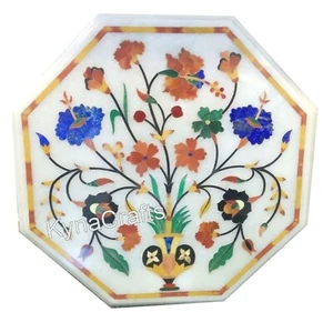 Gemstone Inlay Work Coffee Table Top Octagon White Marble Side Table for Garden - Picture 1 of 4