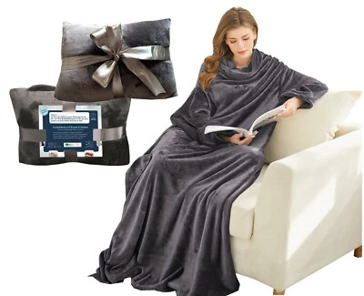 Kuscheldecke mit Ärmeln und Taschen, Geschenk für Frauen 150x200 cm (Dunkelgrau) - Bild 1 von 4