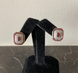 Vintage A&P 14K YG Diamond + Ruby Deco Style Earrings Omega Back 7.02g - Picture 1 of 7