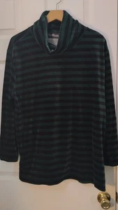 Neu mit Etikett Sag Habor gestreifter grün/schwarzer Samt-Rollkragenpullover, Gr. Large Petite - Bild 1 von 10