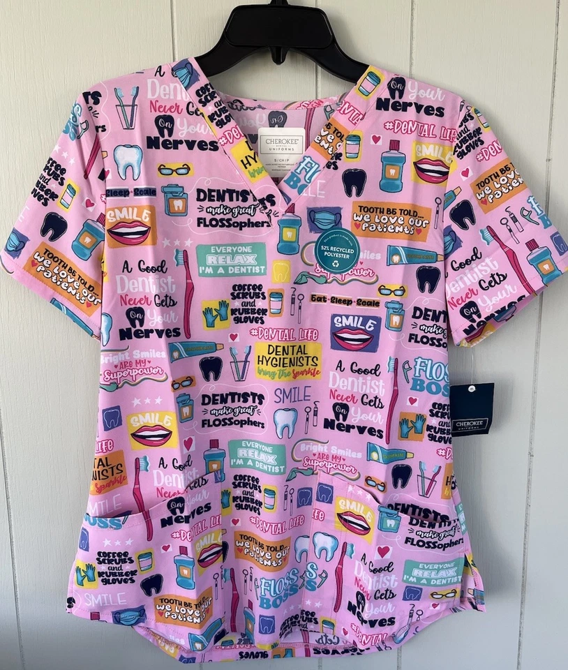 NWT Women’s Small Dental Hygienist Print Cherokee Scrub Top - Image 1 of 1