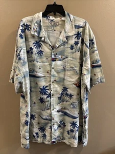 Hawaiian Shirt  2XL Tan Palm Tree Speed Boats In Paradise Weekender Traveler - Picture 1 of 7