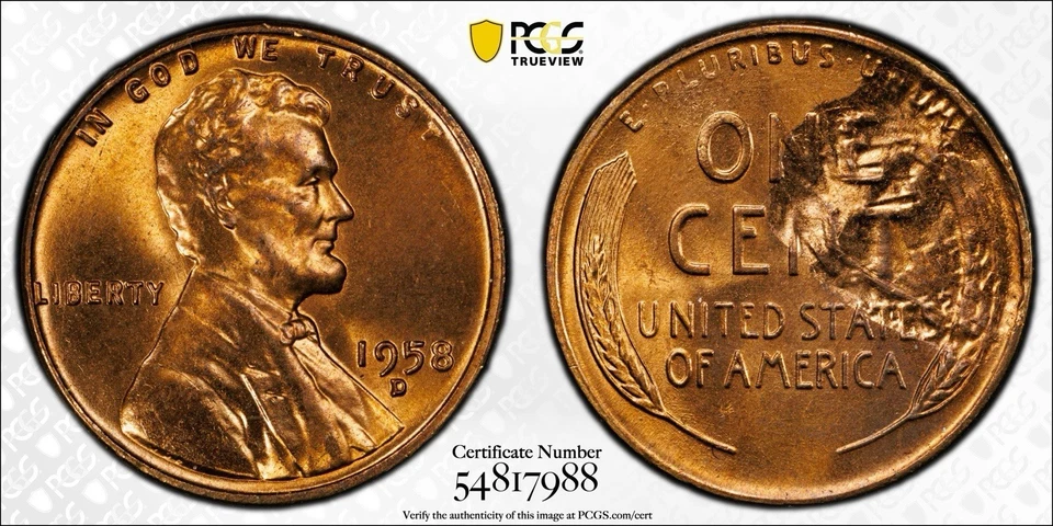 1958D Wheat Penny MS65RD PCGS Stuck Through Reverse Mint Error Coin - Image 1 of 1