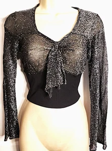 Vintage Disco Top Black & Silver Shimmering fitted shirt blouse Womens M - Picture 1 of 4