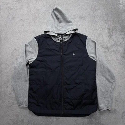 Volcom Jacket Mens Large Black Gray Hooded Quilted Puffer Zip Up Hybrid Coat - Image 1 of 4