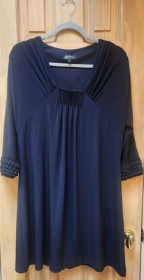 Oleg Cassini NavyBlue Tunic Dress Pleated Scoop Neck 3/4 Sleeves Tiered Ruffles - Image 1 of 4