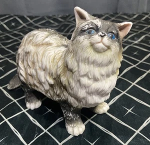 Fluffy Fat Multicolor Cat Figurine With Blue Eyes - Picture 1 of 10