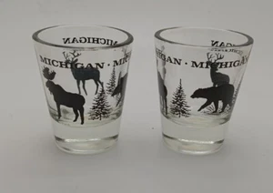 2 Michigan Shot Glasses- NEW- Pics. Of Moose,Deer,&Black Bear - Picture 1 of 2