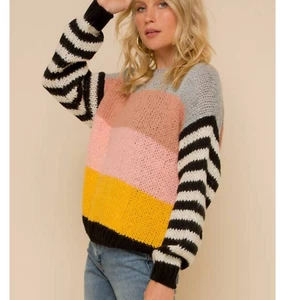 Color Block Loose Knit Striped Sleeve Drop Shoulder Womens Pullover Sweater SM - Picture 1 of 8