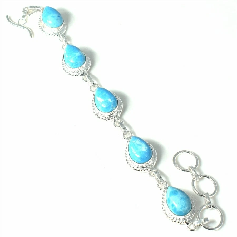 Caribbean Larimar Gemstone Handmade 925 Sterling Silver Jewelry Bracelet Sz 7-8" - Image 1 of 1