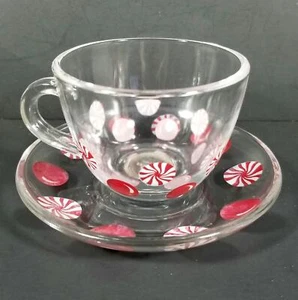 STARBUCKS Christmas Peppermint Candy Cup & Saucer Clear Glass Holiday 2007 TAG - Picture 1 of 6
