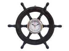Ships Steering Wheel Black 18" w/ Chrome Clock Wooden Nautical Pirate Wall Decor