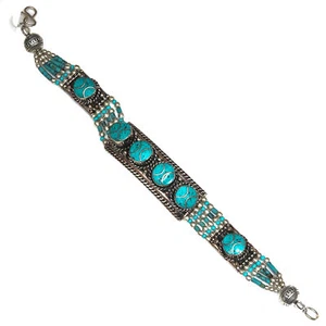 Tibetan Turquoise Coral Sterling Plated Nepali Bracelet Jewelry - Picture 1 of 10