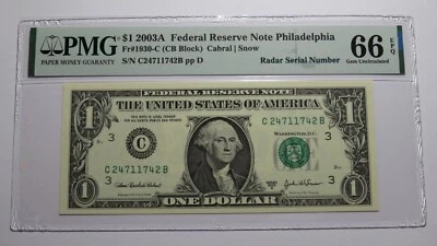 $1 2003 Radar Serial Number Federal Reserve Currency Bank Note Bill PMG UNC66EPQ - Image 1 of 3