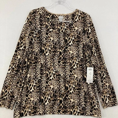 Nuevo Top Chico's Talla XL/3 Negro Marrón Estampado Leopardo Manga Larga Tejido Elástico Foto 1 de 4