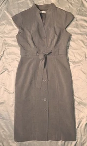 Vestido Calvin Klein Gris Manga Gorra Botón Delantero Cinturón Lino Look~Talla 8 - Imagen 1 de 10