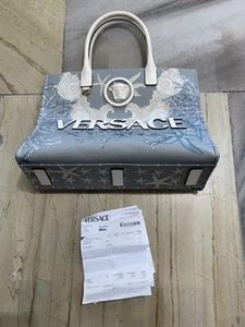 Versace La Medusa Barocco Sea Canvas Tote Bag Calf Leather Blue Grey White - Picture 1 of 11