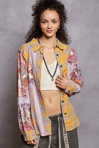 Neu POL Clothing Damen Mixed Knit Button Down Shacket Oversized Medium Floral - Bild 1 von 6