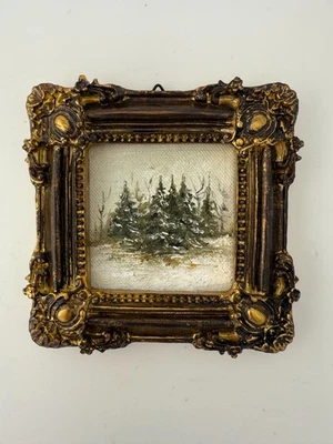 Pintura al óleo miniatura bosque de invierno, pintura con marco rústico vintage, regalo Foto 1 de 4