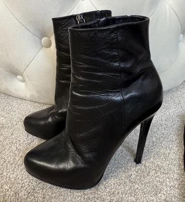 Barbara Bui Black Leather Platform Bootie Boots 5” Heels 38 - Image 1 of 4