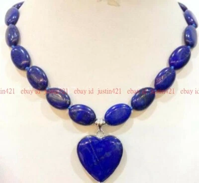 Natural 13x18mm Azul Lapislázuli Ovalado Corazón Colgante Piedras Preciosas Collar 18'' AAA Foto 1 de 4