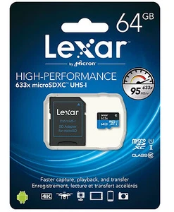 Lexar 64GB 633x 95MB/s Micro SDXC MicroSD Class10 UHS-I USB3.0 SD Adapter GoPro - Picture 1 of 1