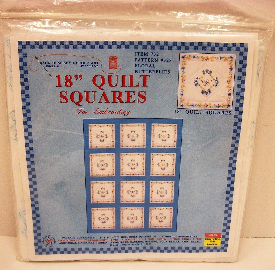 NOS Dempsey 18" Quilt Squares Embroidery Kit Floral Butterflies Pattern MIP - Image 1 of 2