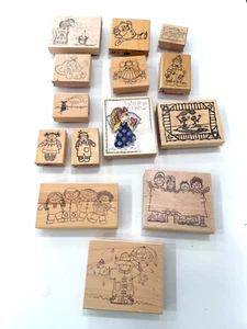 14 timbri gomma vintage anni 90 montati su legno fascio misto bambole, personaggi, angelo - Foto 1 di 11