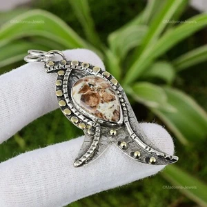 Natural Spessartine Garnet In Limestone Pendant Fish 925 Silver For Women - Picture 1 of 6
