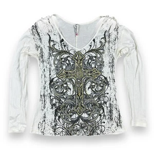 Y2k Ransom Womens M Top Cut Cold Shoulder Embellished Cross Glitter Mall Goth - Picture 1 of 10