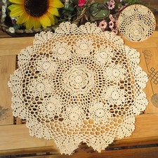 Tapis de table ronde rétro crochet fleur fait main classique en beige