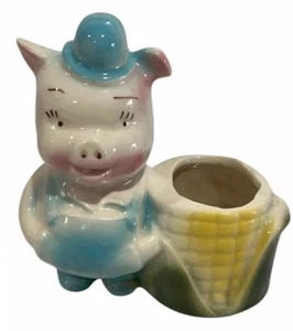 Vintage Shawnee Farmer Schwein in Latzhose mit Hut & Mais ~ kleines Pflanzgefäß ~ Stiftehalter - Bild 1 von 8
