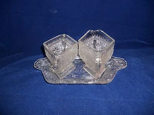 Indiana Glass Diamond shape Sandwich Glass Cream & Sugar on Tab-handle Tray - Picture 1 of 10