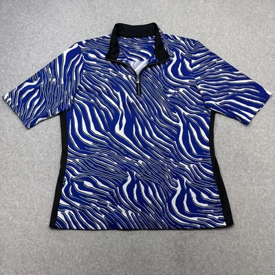 Camisa polo cola para mujer grande azul blanco estampado de cebra 1/4 cremallera top de golf elástica Foto 1 de 4