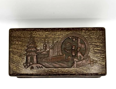 Antiguo joyero George Zee cofre madera tallada a mano escena china Foto 1 de 4