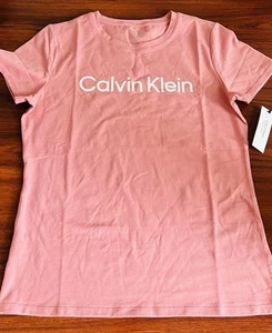 CALVIN KLEIN Performance Women Stretch T-Shirt With Logo Large Color Peach New - Picture 1 of 8