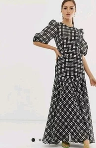 ASOS EDITION puff sleeve maxi dress in black & white mono check Gingham Plaid 8 - Picture 1 of 6