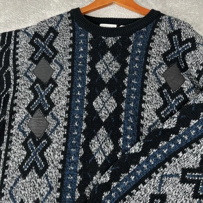Suéter Puritano Vintage Masculino 2XL Preto Azul Cinza Padrão Geométrico Pulôver Anos 90 - Imagem 1 de 4