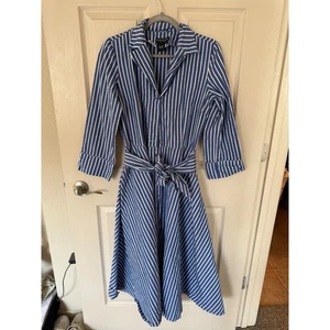 The J. Peterman Company Striped Shirt Dress Belted Midi Casual Blue 10 Y2 - Picture 1 of 7