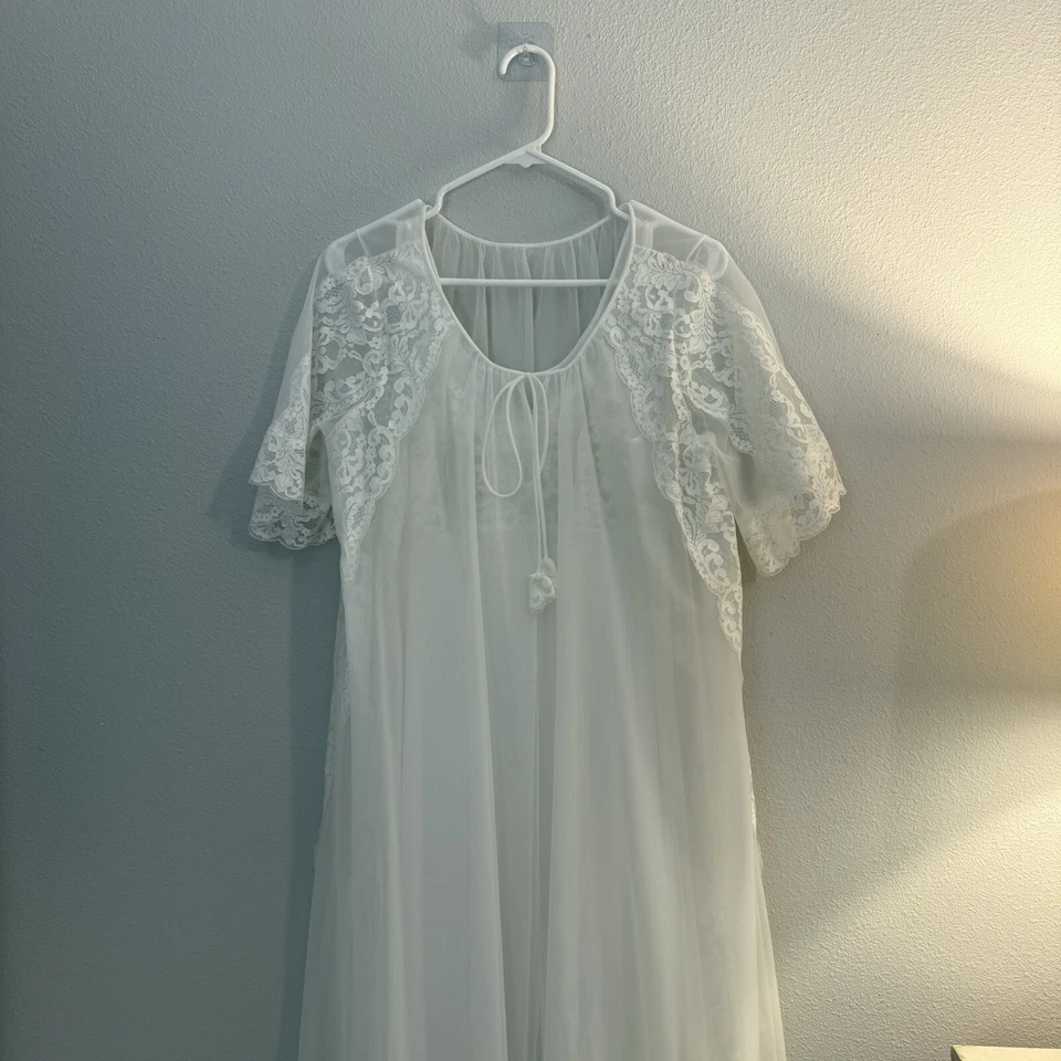 Antigo Conjunto de Peignoir Shadowline Vestido de Noiva Branco Médio Nylon Duplo Chiffon Pérolas - Imagem 1 de 4