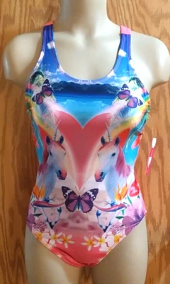 Xhilaration Girl  Pink Unicorn Butterfly Swimsuit SZ XL NEW TAG heart SZ 14/16 - Image 1 of 4