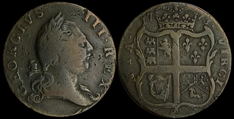 1773 1/2P Virginia Colonial  Copper Half Penny Cent / No Period / Fine-VF Cover