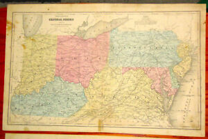 Original 1884 United States US Map Olney Central States Ohio, NJ, PA, IN, VA, KY