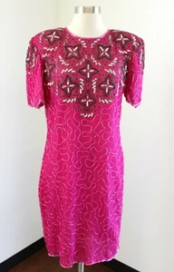 Vtg 80s Pink Silk Beaded Sequin Cocktail Party Dress Size M Formal Evening - Picture 1 of 6