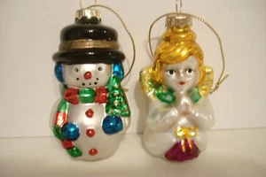 2 Vintage Blown Glass Hand Painted Christmas Ornaments Snowman & Angel - Picture 1 of 21